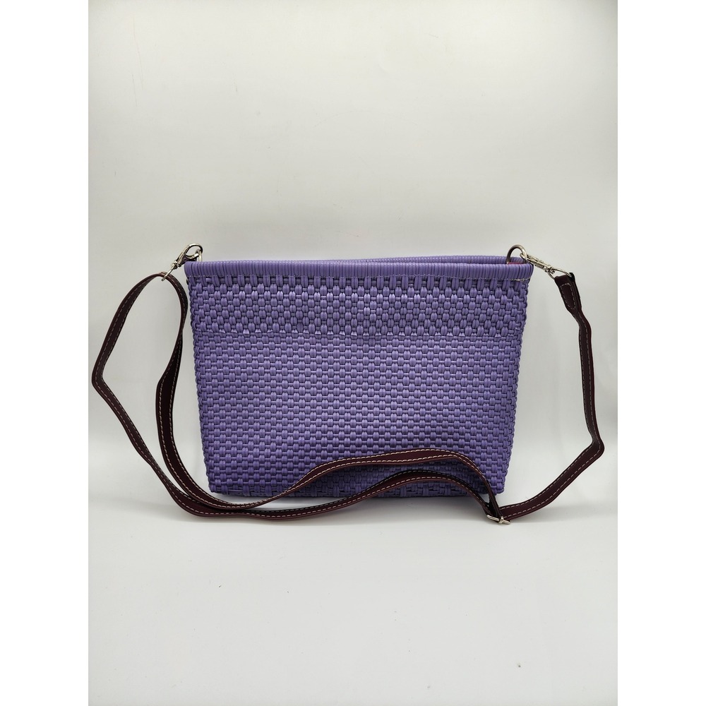 Lavender Woven Plastic Crossbody Bag with Adjustable Brown Strap